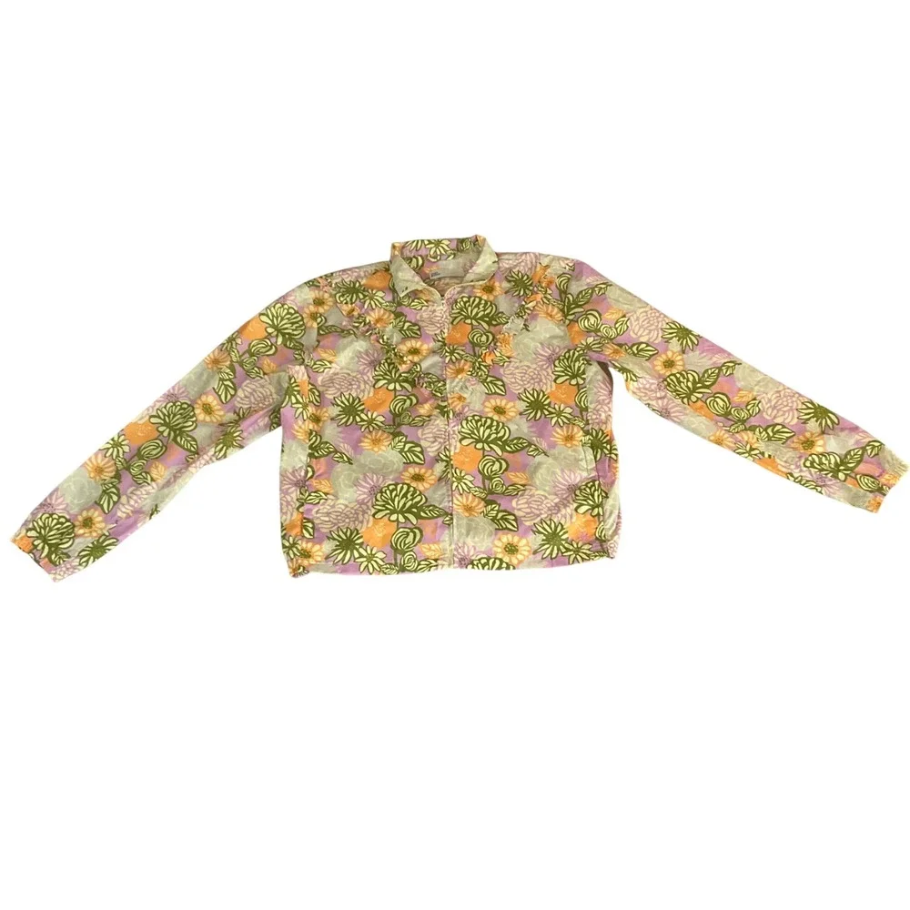 Tory Burch Windbreaker Women L Pink Floral Ruffle Zip Up Jacket 78628